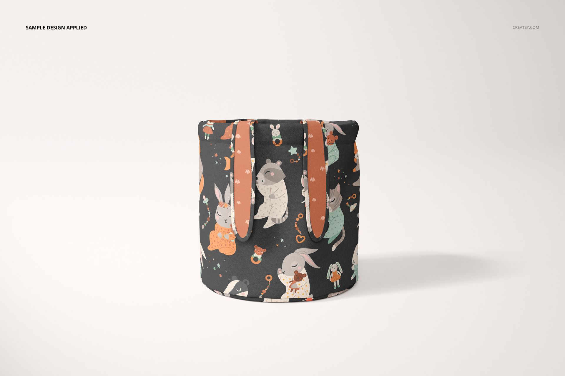 Kids storage basket mockup with animal illustrations in pastel colors, shown from the front on a white background.