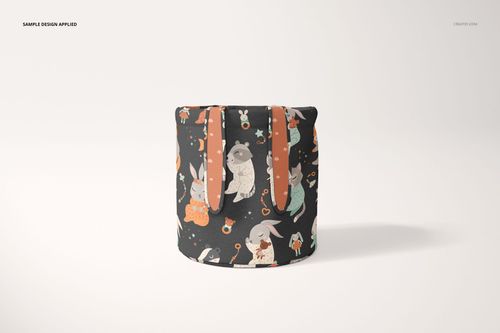 Kids storage basket mockup with animal illustrations in pastel colors, shown from the front on a white background.