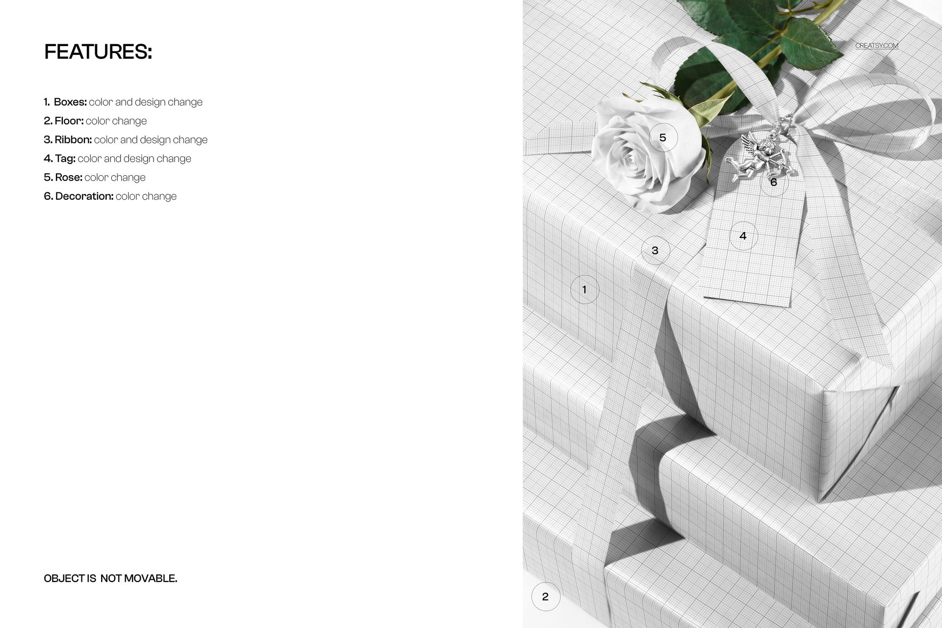 Front view of stacked gift boxes with grid pattern, decorated with a white rose, ribbon, and tag mockup.