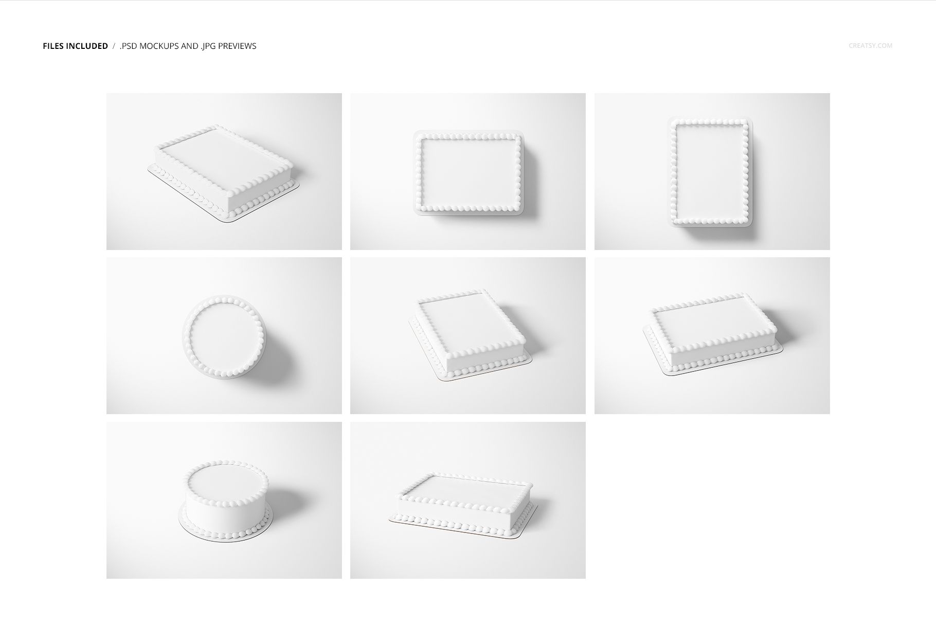 Set of edible cake topper mockups showing round and rectangular cakes with plain white frosting from various angles.