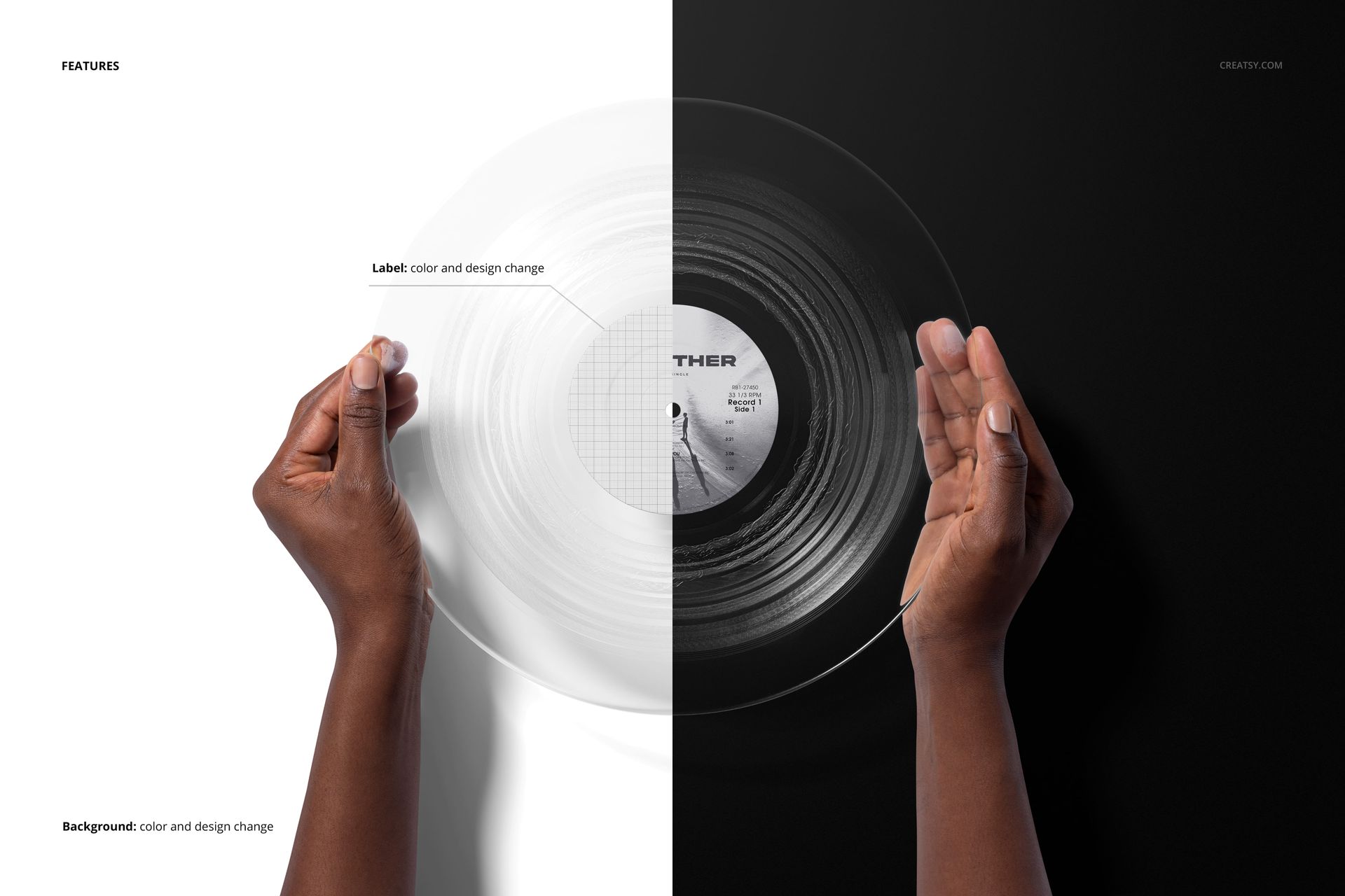 Clear vinyl record held by two hands, shown from top view against a split black and white background, PSD mockup scene.