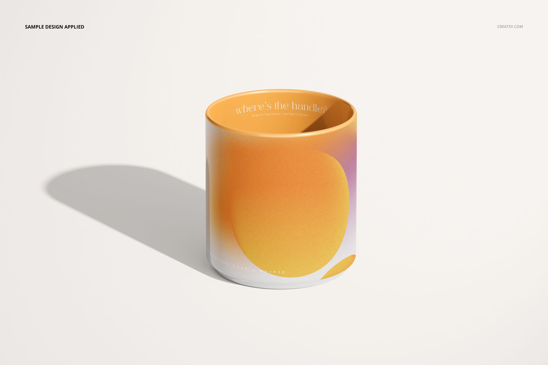 PSD mockup of a handleless mug with a smooth cylindrical shape and warm gradient design, displayed on a plain background.