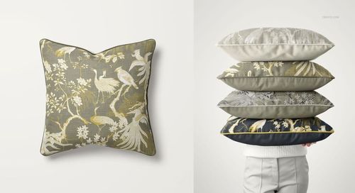 PSD mockup set displaying a single decorative cushion and a vertical stack of patterned pillows in neutral colors.