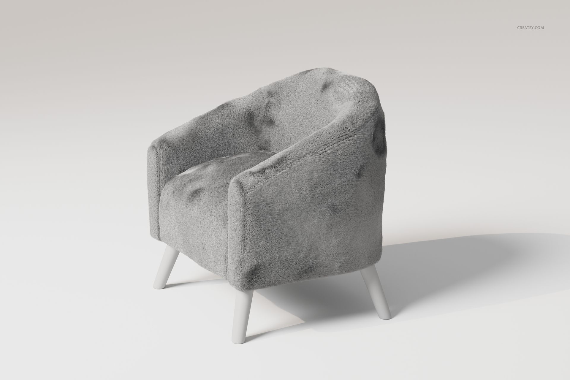 Gray lamb accent chair with soft, furry texture, rounded backrest, and white angled legs on a plain background.