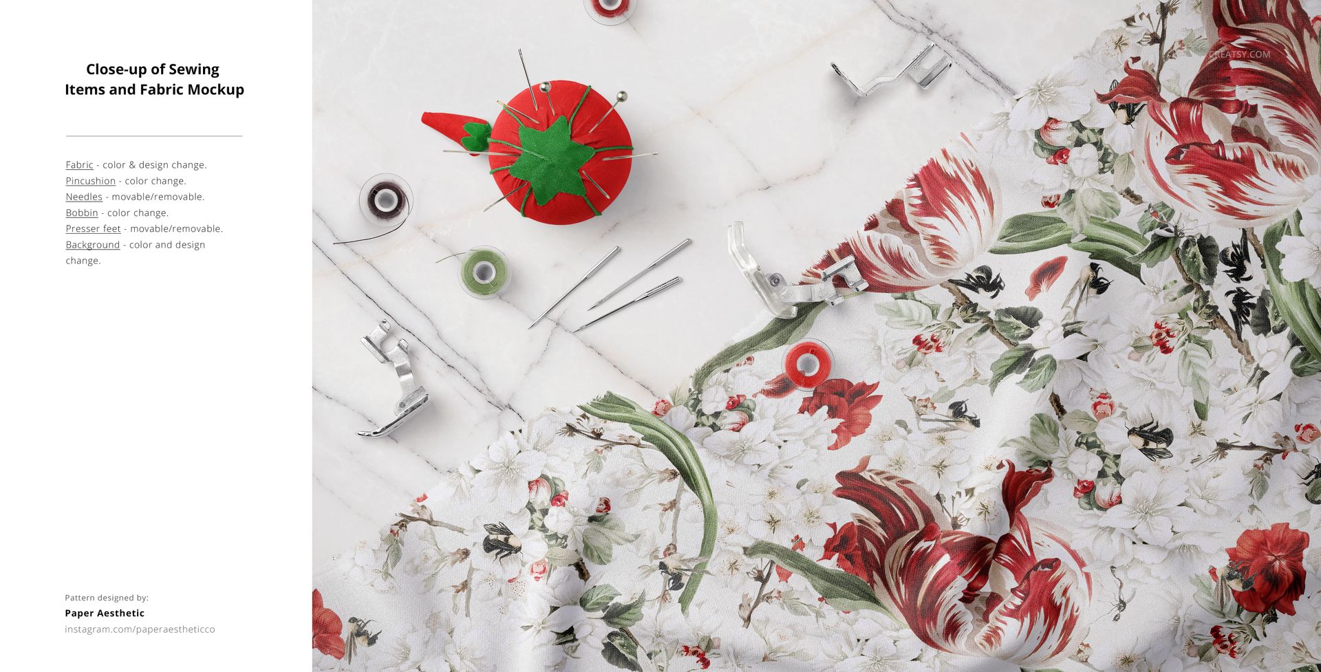 Fabric mockup featuring floral textile draped on marble background, surrounded by sewing tools and accessories.