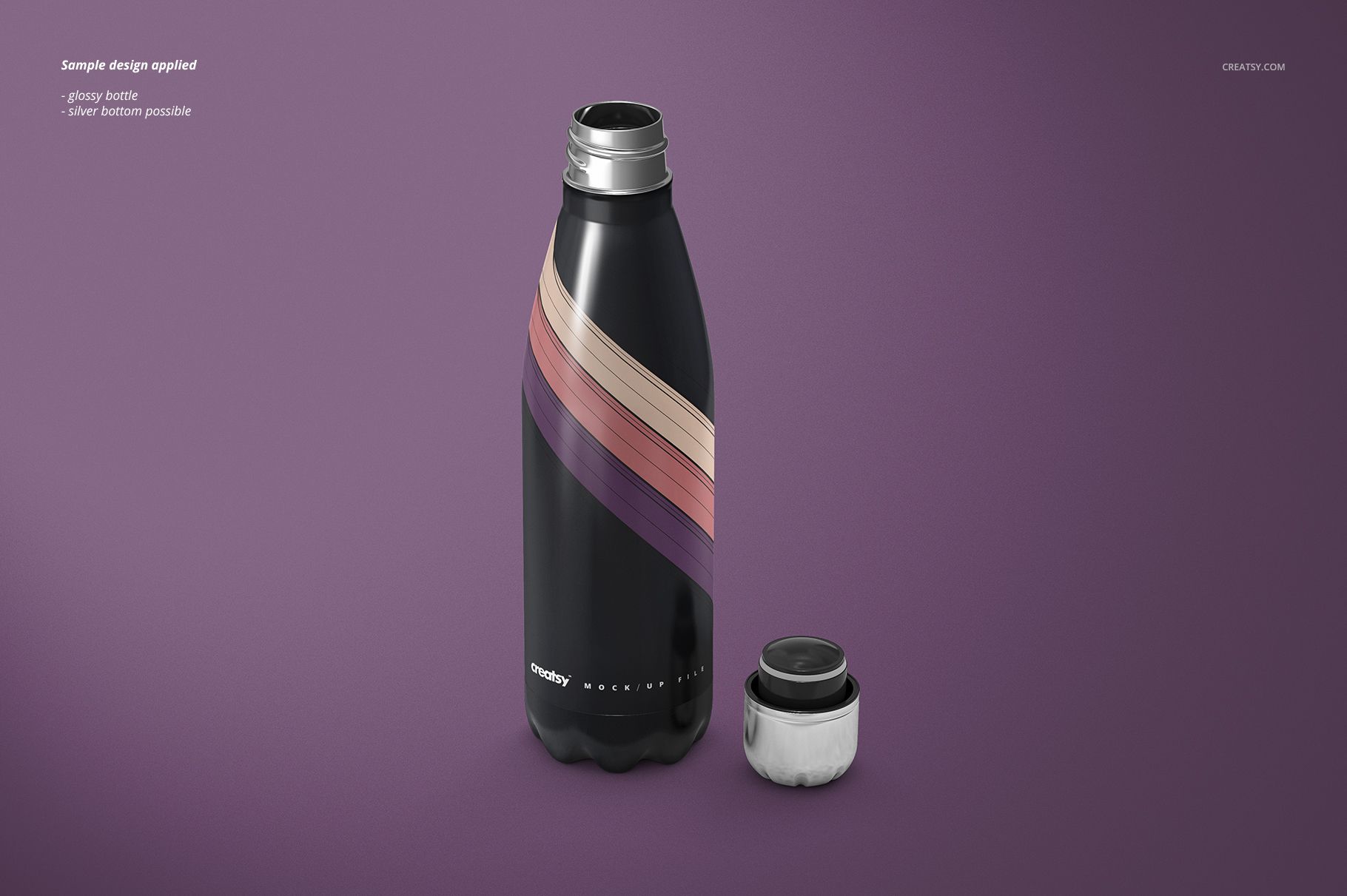 Stainless steel water bottle mockup featuring a glossy finish and silver bottom, shown with cap off on purple surface.