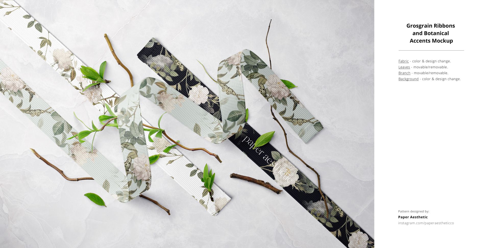 Flat lay of patterned fabric ribbons and botanical accents on a textured light background, part of a mockup bundle.