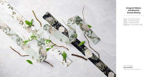 Flat lay of patterned fabric ribbons and botanical accents on a textured light background, part of a mockup bundle.