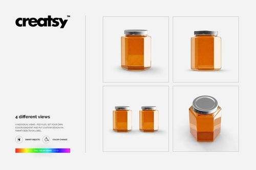 Hexagonal glass honey jars with silver lids, shown in four different angles on a white background mockup scene.