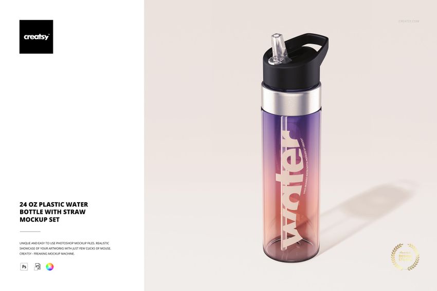 24 oz acrylic water bottle mockup featuring a gradient design, black cap with straw, and soft shadow on beige surface.