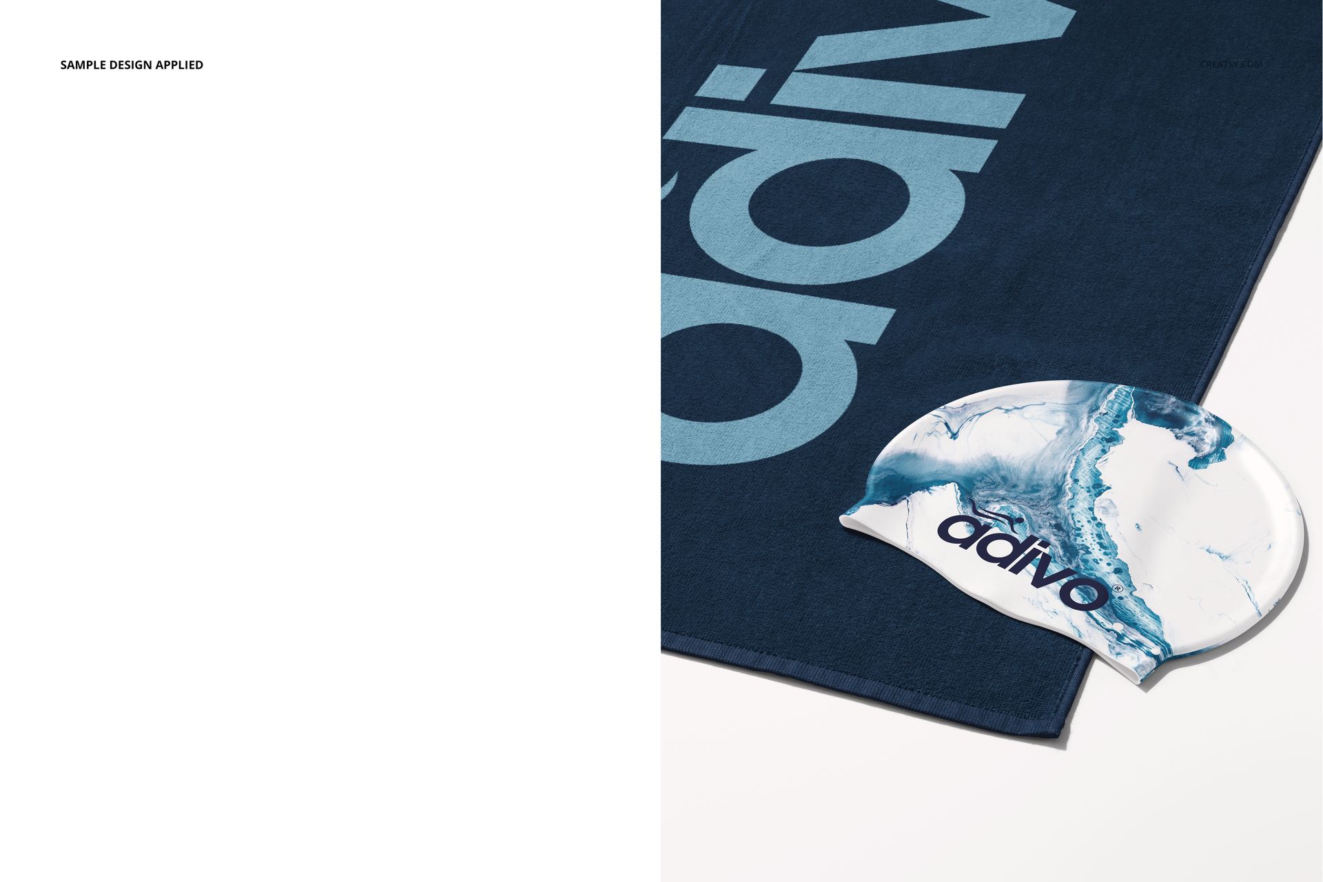 Swim cap mockup featuring a white cap with blue marble pattern and bold text, placed next to a navy towel.