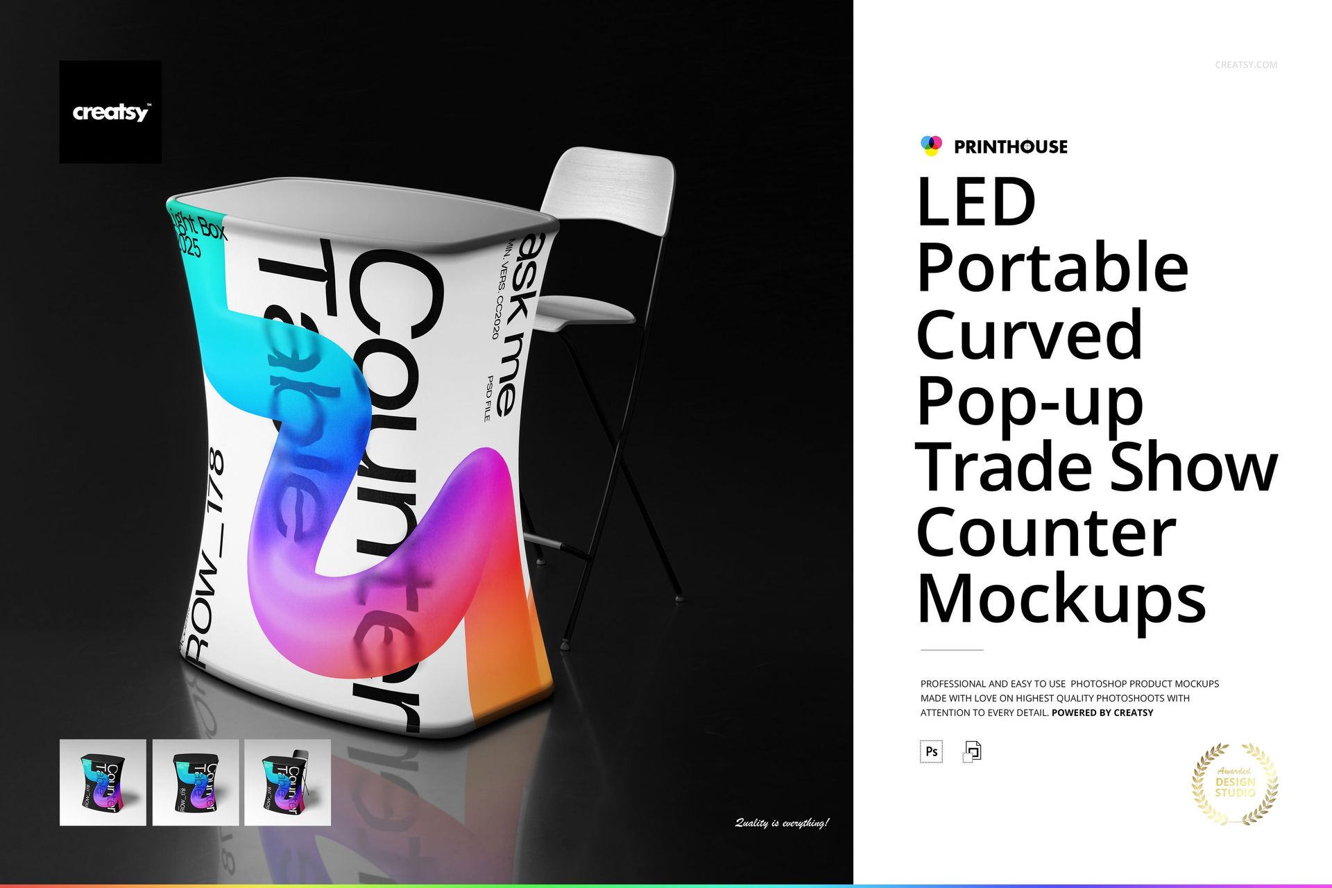 LED-illuminated curved pop-up counter mockup with colorful fabric wrap and white chair, studio setting, front angle.