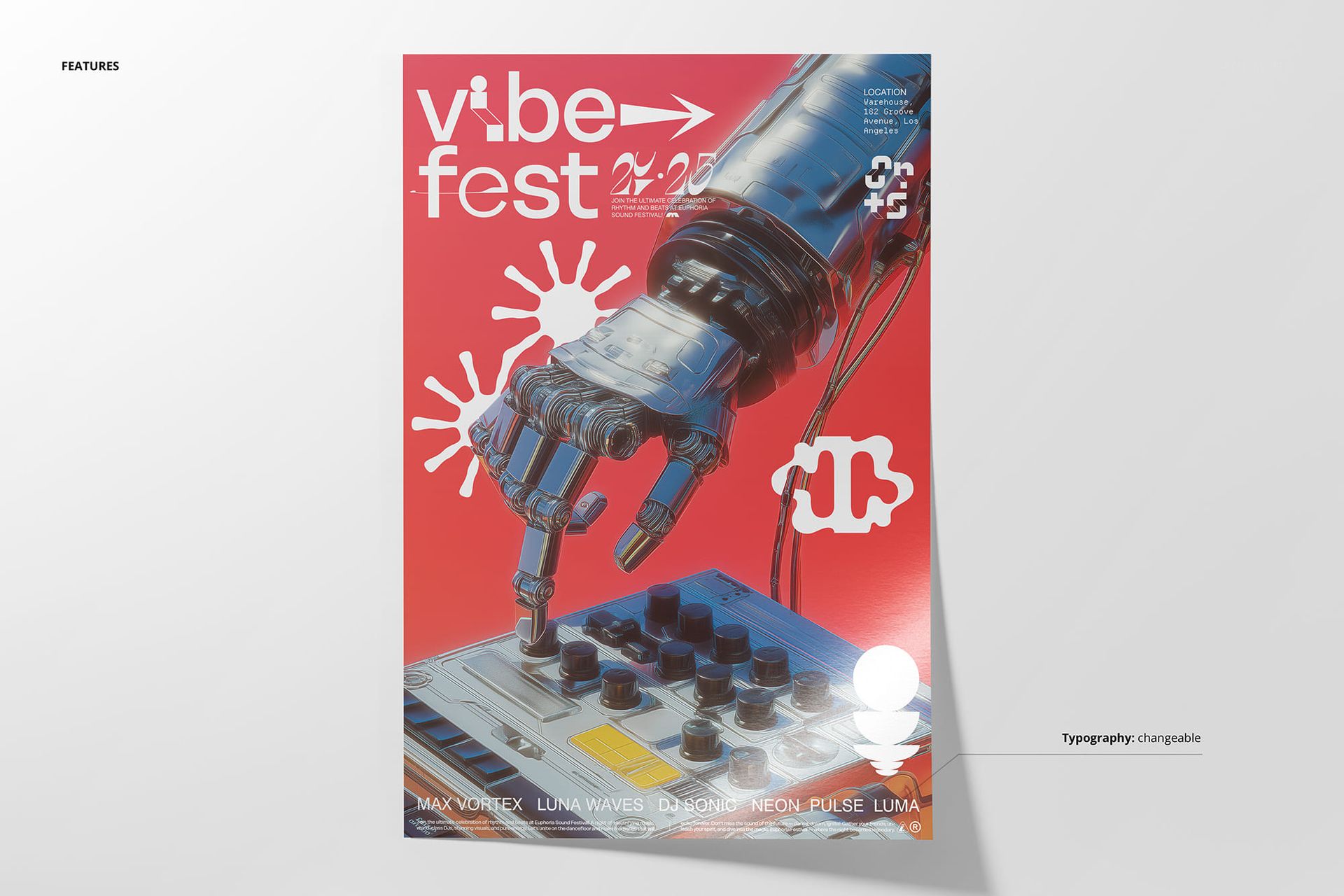 Poster mockup featuring a metallic robotic arm operating a synthesizer, set against a vivid red backdrop.