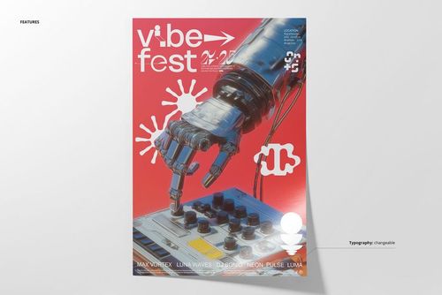 Poster mockup featuring a metallic robotic arm operating a synthesizer, set against a vivid red backdrop.