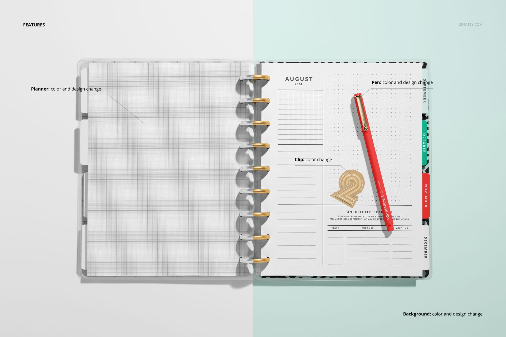 Top view of an open spiral-bound planner mockup displaying blank grid pages and a dated planner sheet with a pen.