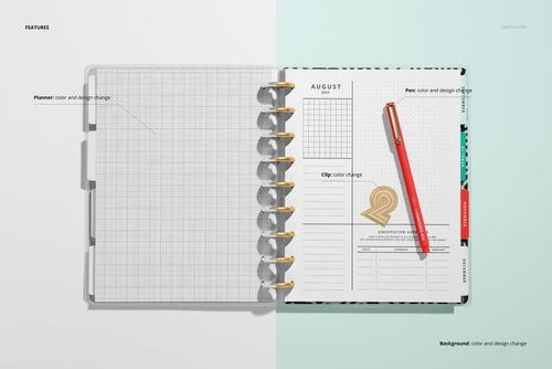 Top view of an open spiral-bound planner mockup displaying blank grid pages and a dated planner sheet with a pen.