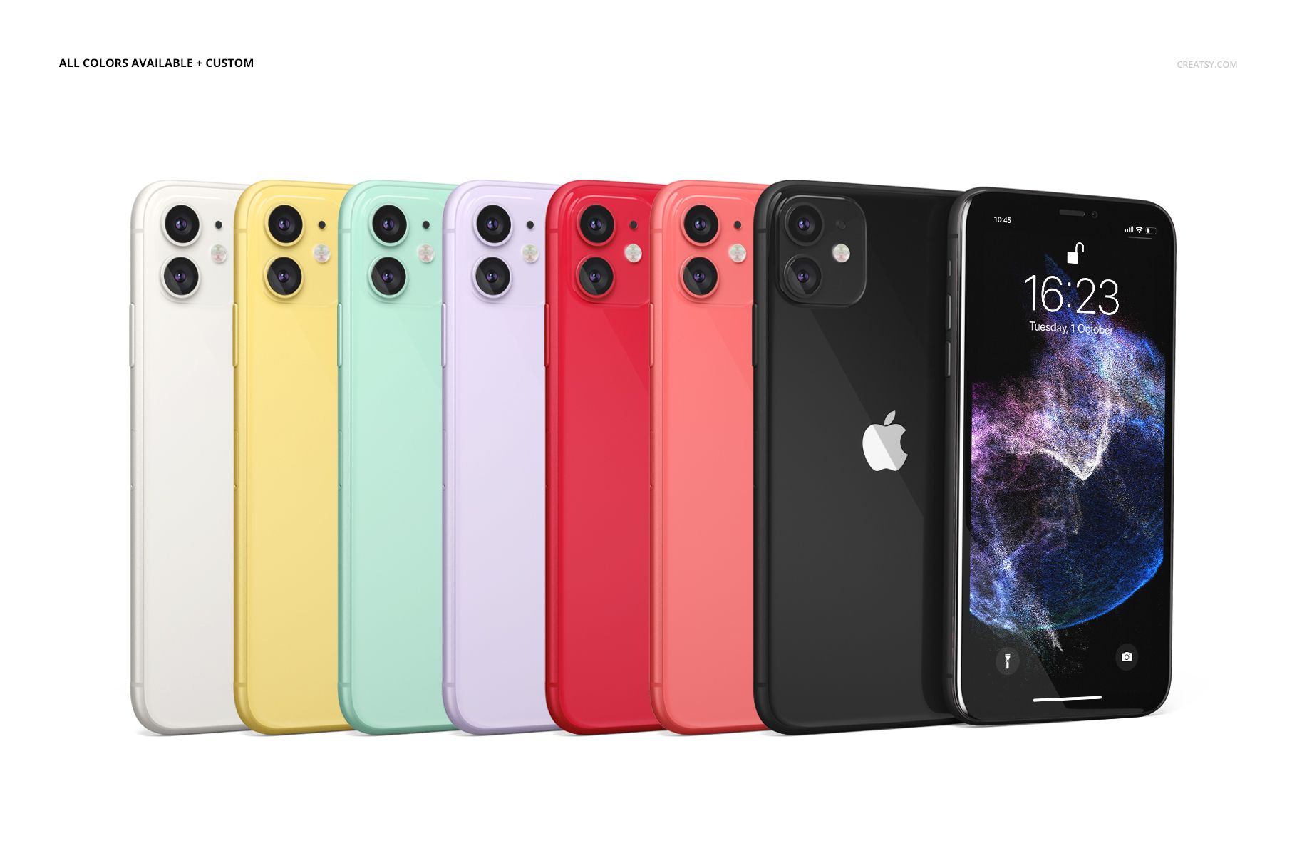PSD mockup featuring multiple iPhone 11 models in assorted colors, arranged side by side with one showing a custom wallpaper.