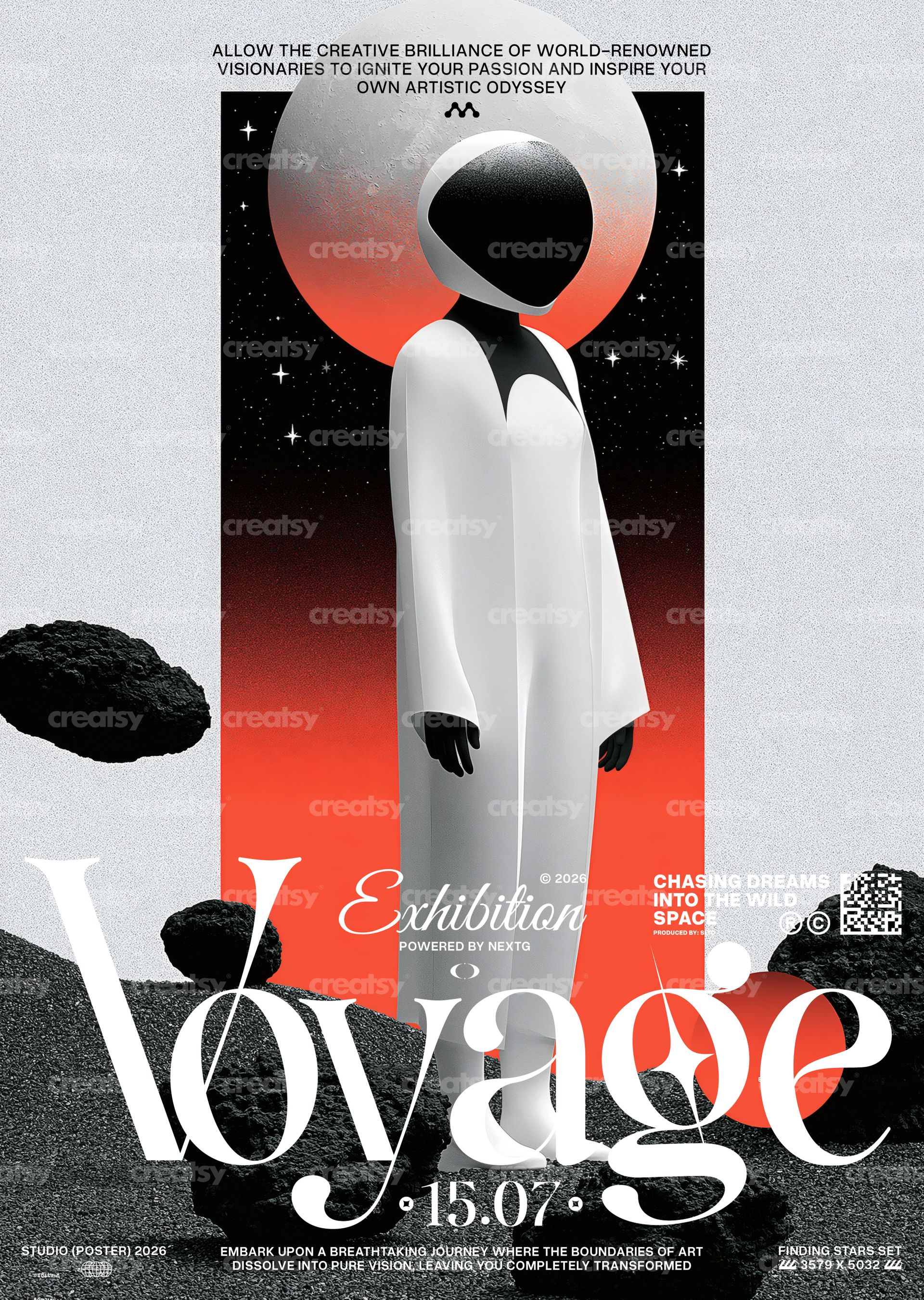 Surreal space-themed poster mockup showing a person in white attire and helmet, surrounded by floating rocks and a red gradient sky.
