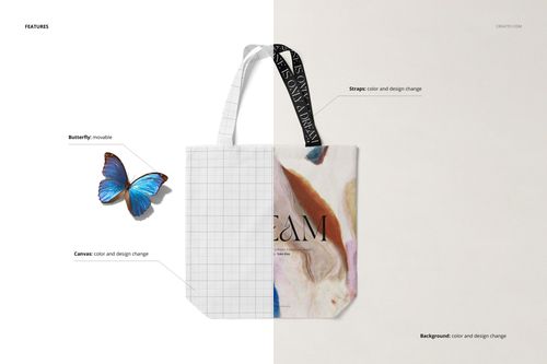 Shopper canvas bag mockup displayed with half featuring a grid pattern and half showing a marble design, front view.