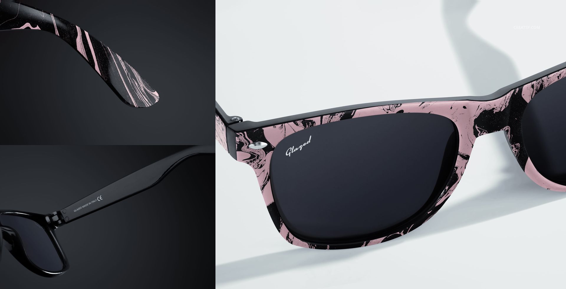 Custom printed sunglasses mockup featuring black frames with pink and black abstract design, displayed in detail.