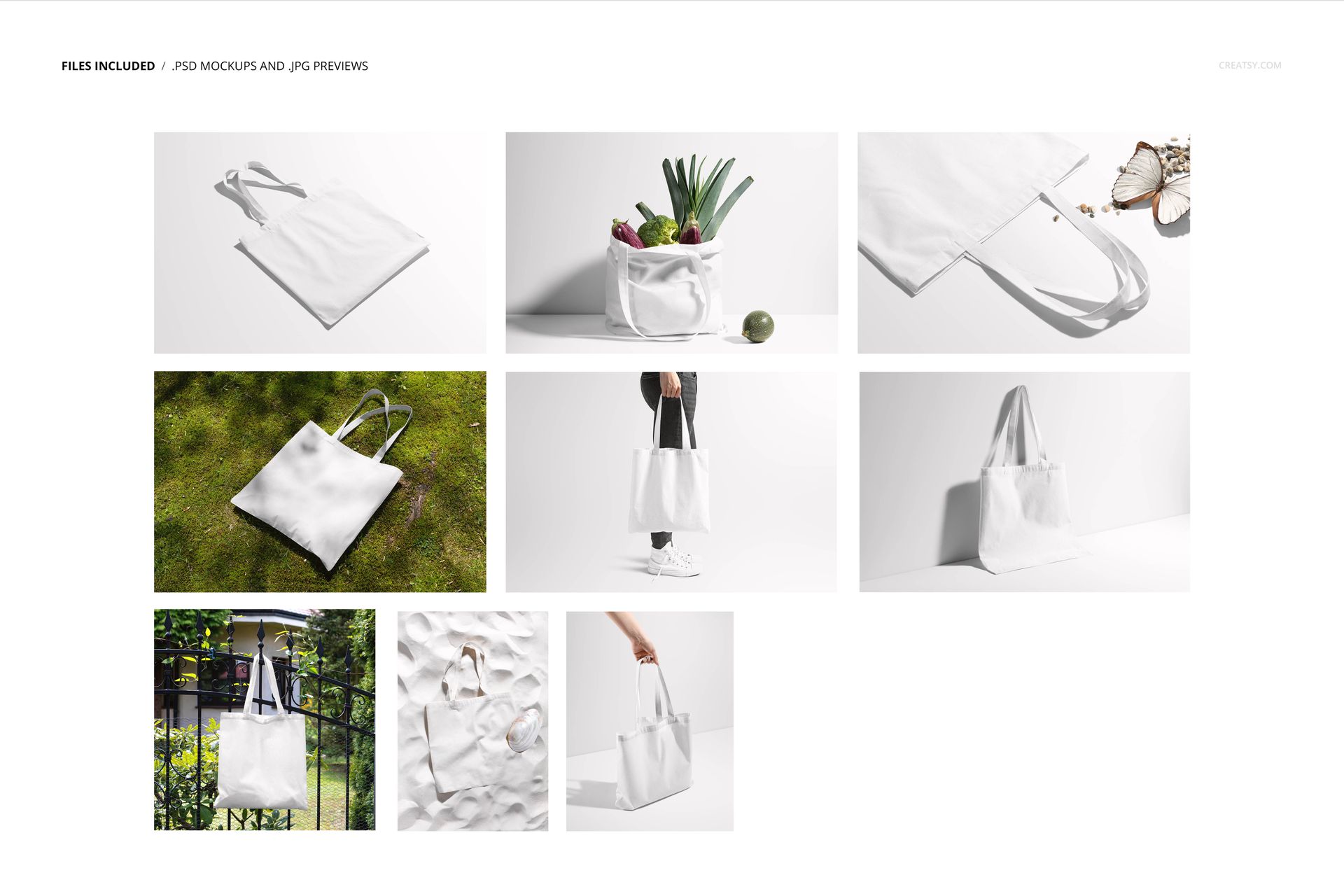 White tote bag mockup set displayed in multiple perspectives, featuring plain fabric and different backgrounds.