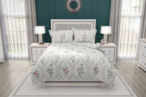 Luxury bedroom bedding mockup with flanged pillows, showing a soft floral design and elegant decor elements.