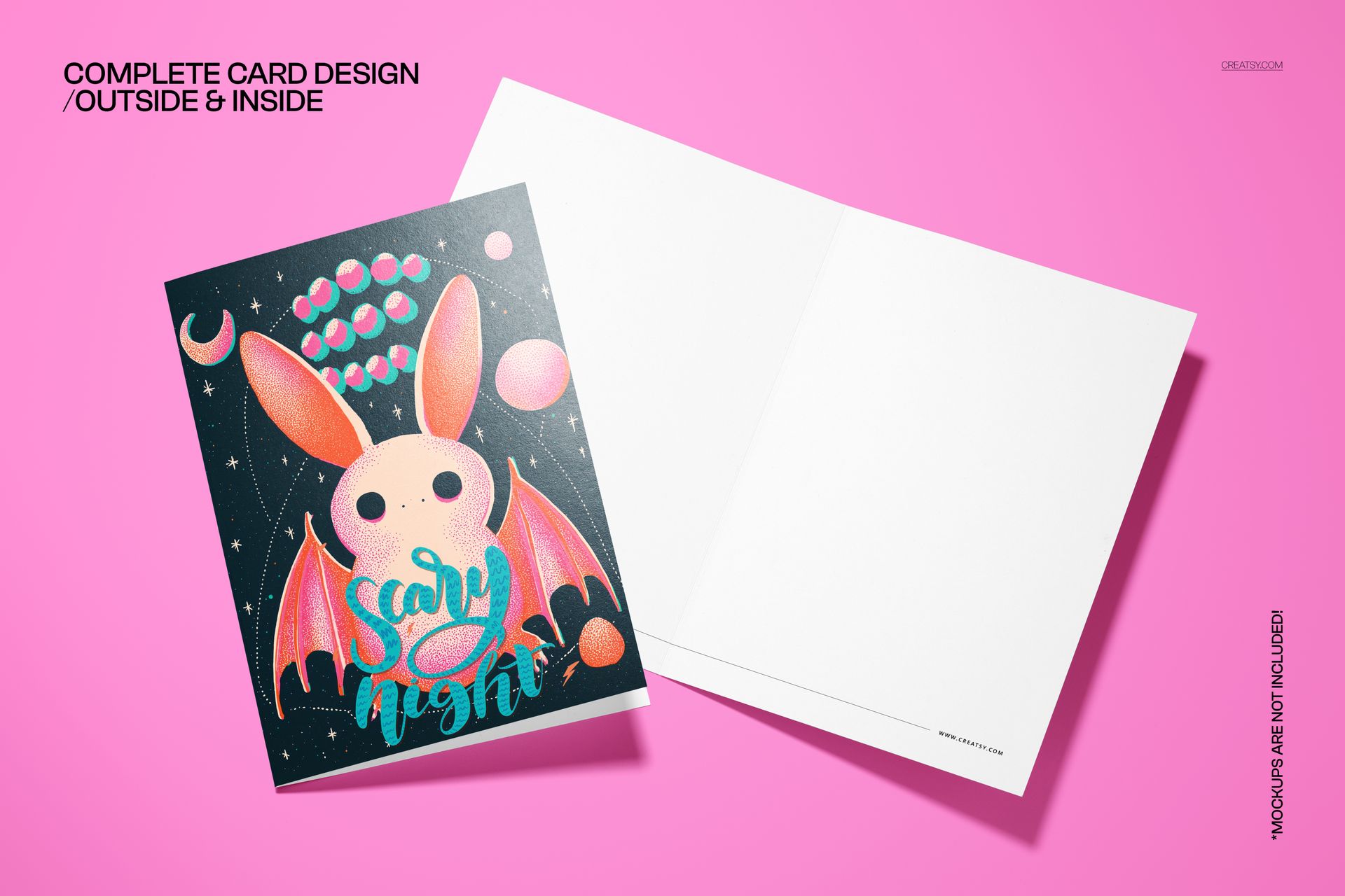 PSD mockup of a folded Halloween card with a cute pink bat and moon design, shown open and closed on a pink surface.