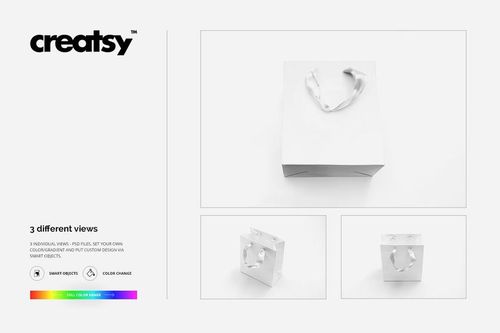 Gift bag PSD mockup set featuring a square-shaped white bag with ribbon handles, displayed in multiple perspectives.