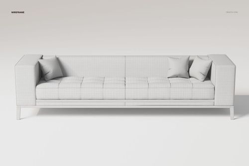 Extra long loft style sofa in wireframe design, shown from the front with square arms and grid pattern upholstery.