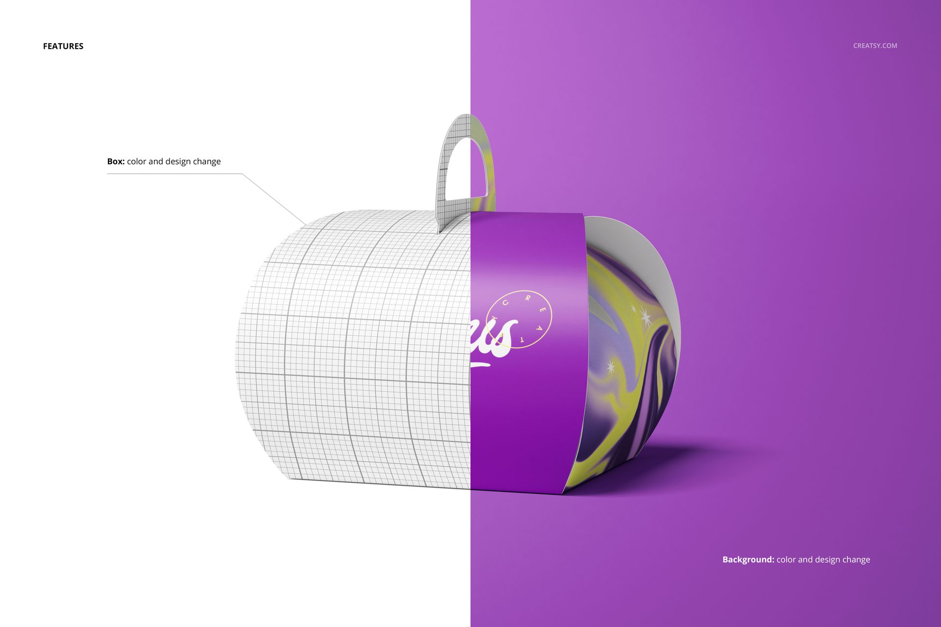 Curved cake box mockup shown from a front angle, half with grid lines and half with a purple and yellow abstract design.