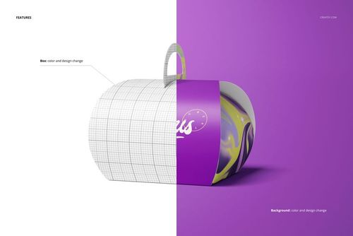Curved cake box mockup shown from a front angle, half with grid lines and half with a purple and yellow abstract design.
