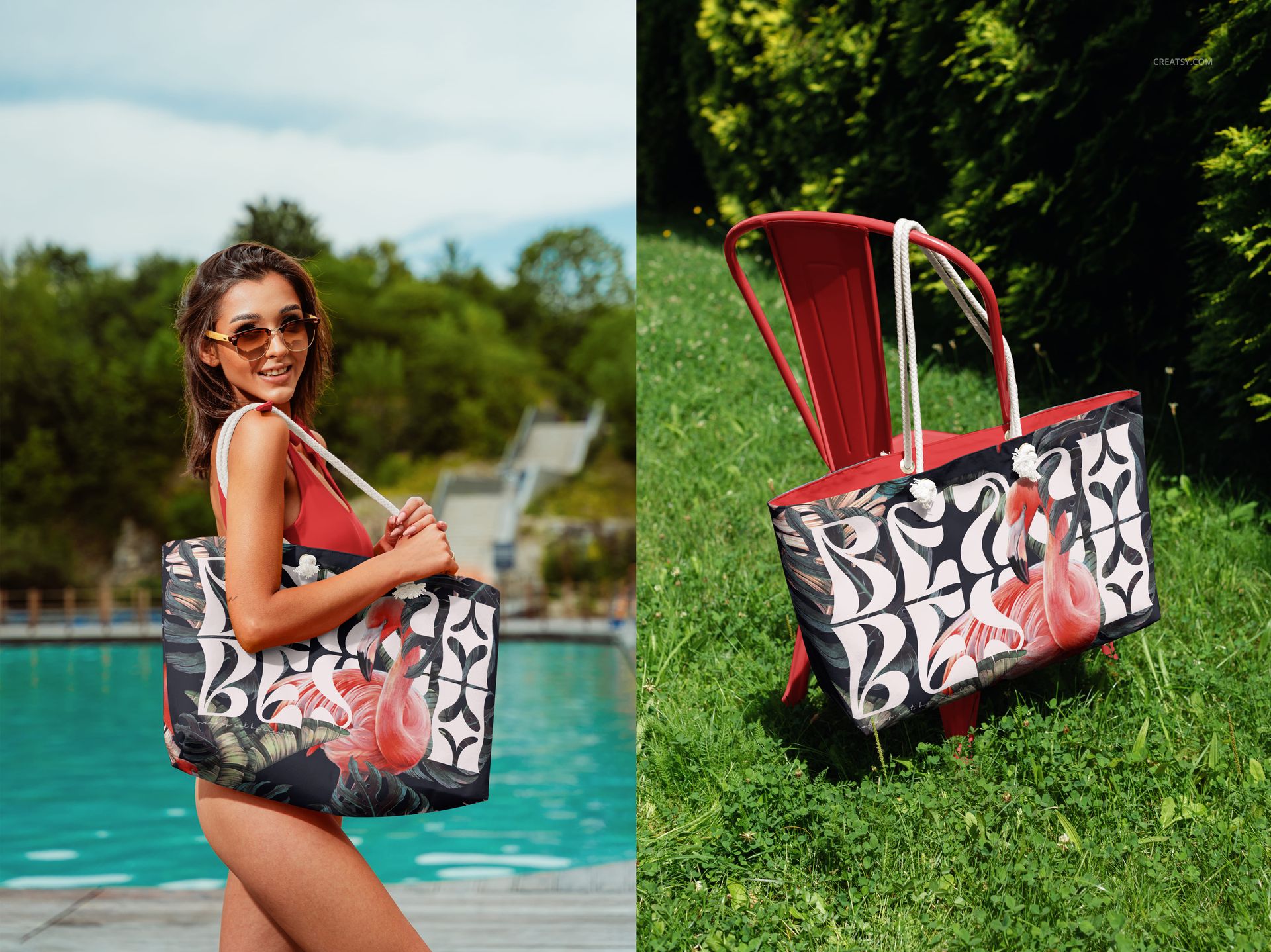 Spun polyester weekender bag mockup featuring bold tropical design, displayed by a pool and on a red outdoor chair.