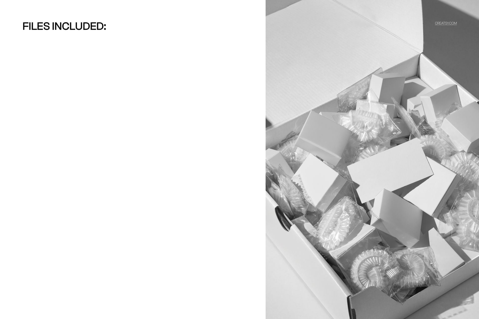 PSD mockup showing an open box with several hotel shower caps and small white boxes arranged inside.