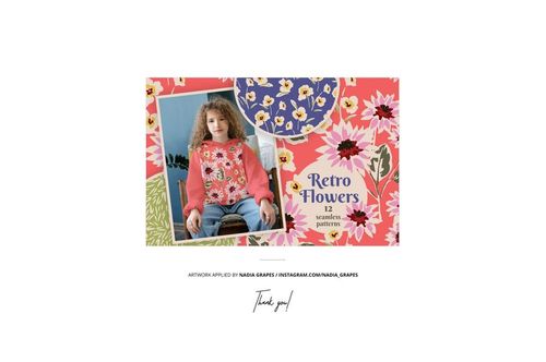 Colorful floral patterned fabrics arranged on vibrant meadow grass, with a visible PSD mockup layout.