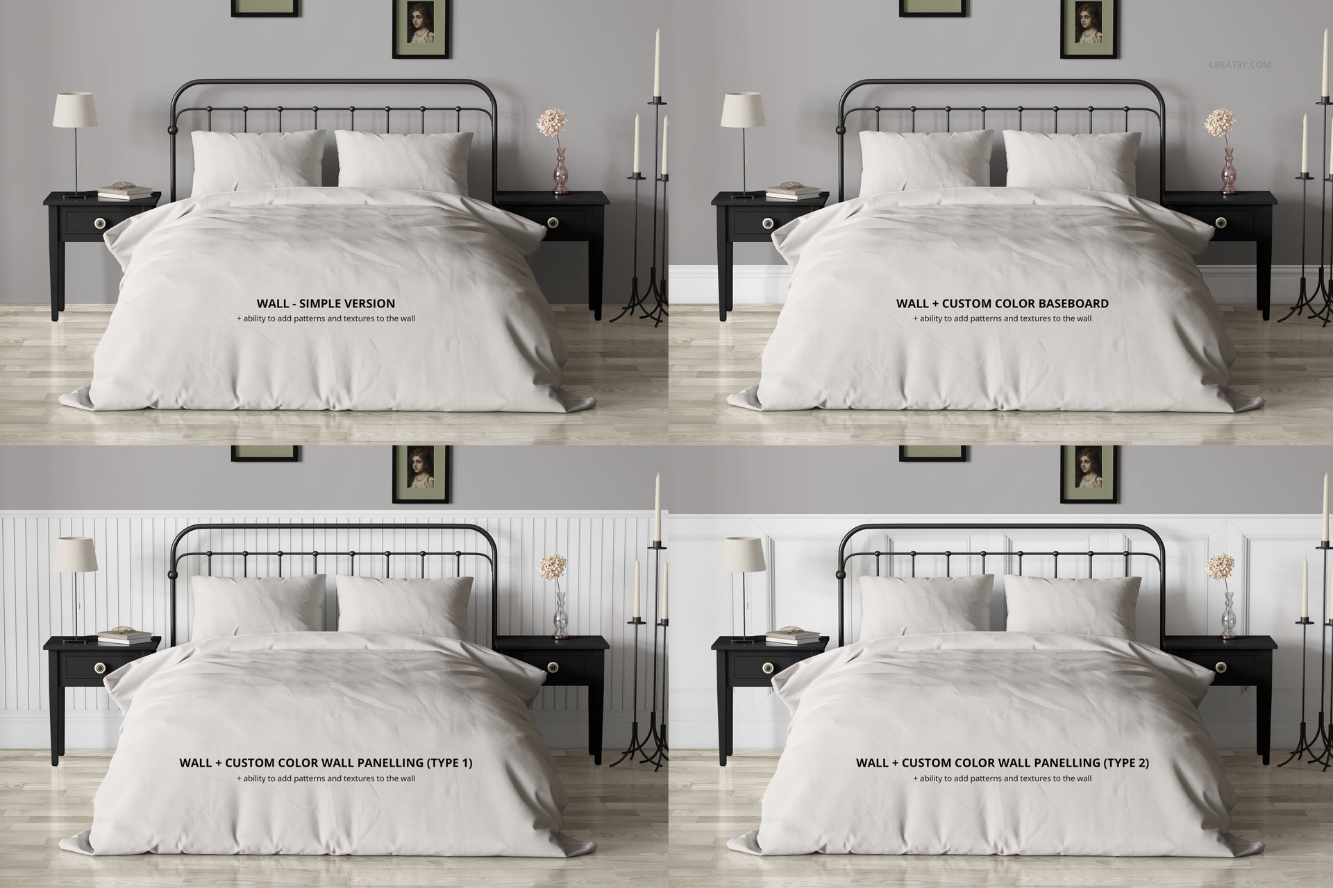 Front view of a vintage bedroom bedding mockup set featuring a metal bed frame, white comforter, and pillows in four different wall styles.