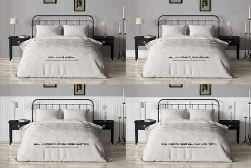 Front view of a vintage bedroom bedding mockup set featuring a metal bed frame, white comforter, and pillows in four different wall styles.