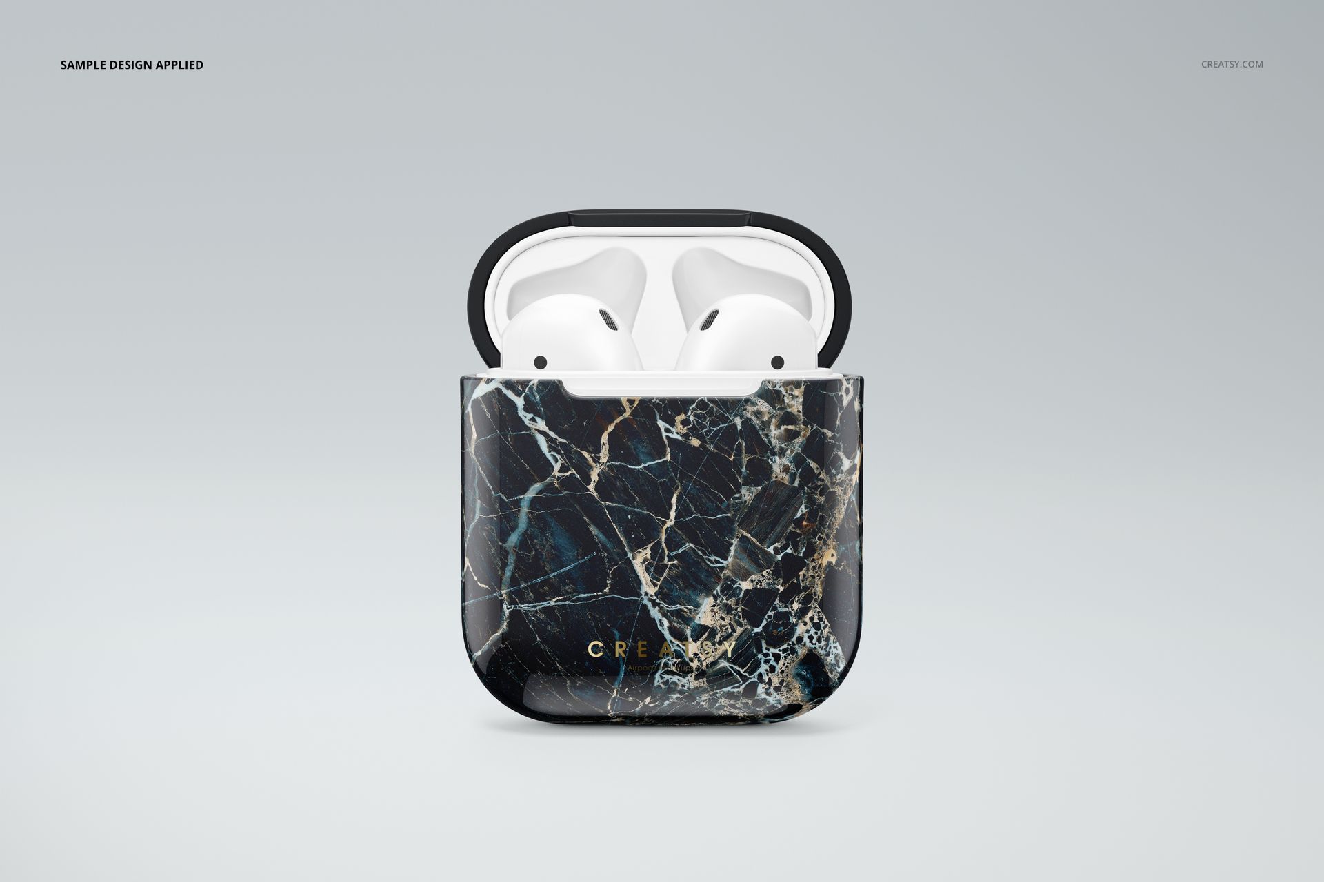 AirPods case mockup featuring a dark marble design, shown from the front with the lid open and AirPods visible.
