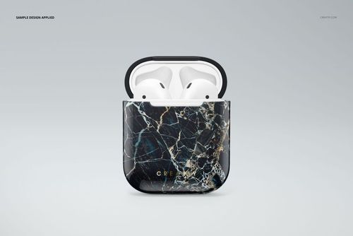 AirPods case mockup featuring a dark marble design, shown from the front with the lid open and AirPods visible.