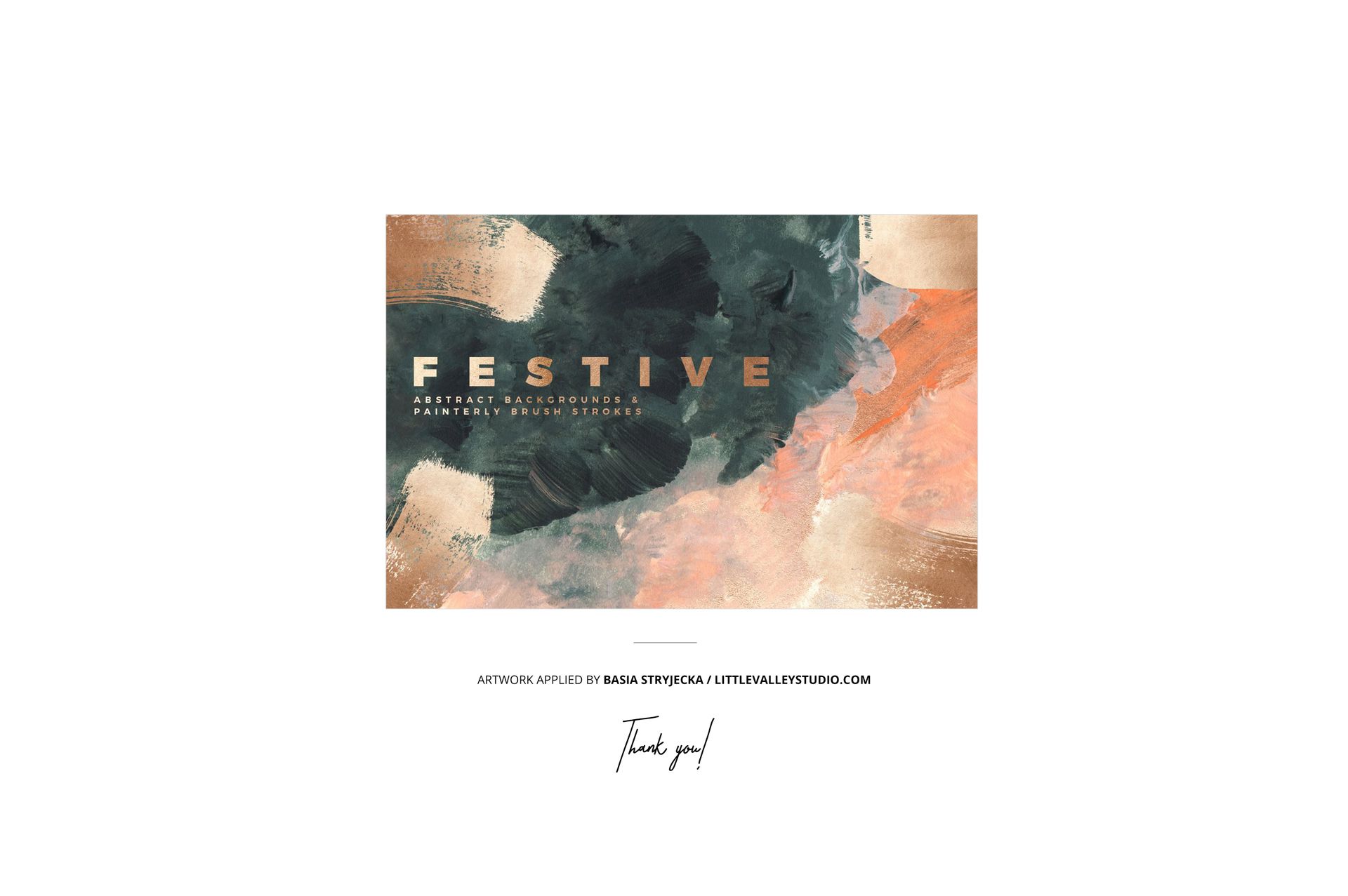 Abstract brush strokes in green, peach, and beige colors on a rectangular canvas with festive text at the center.