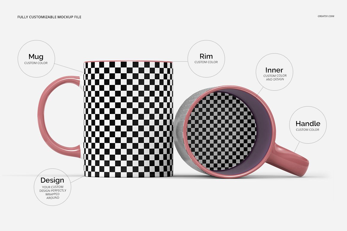 PSD mockup set displaying two 11oz mugs with customizable pink accents and checkered design, viewed from above and front.