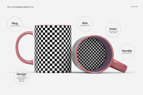 PSD mockup set displaying two 11oz mugs with customizable pink accents and checkered design, viewed from above and front.