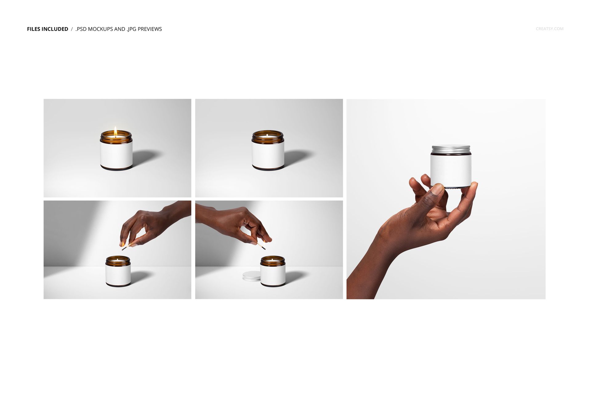 PSD mockup of small amber jar candle with cotton wick, featuring different arrangements and a hand holding the jar.