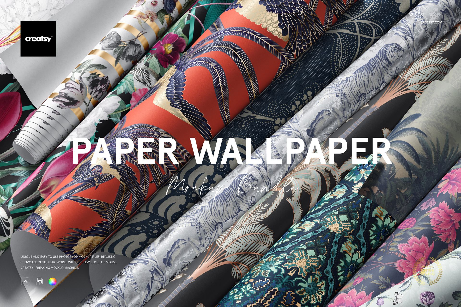 Colorful paper wallpaper mockup featuring multiple rolls with intricate designs, shown from a top perspective.