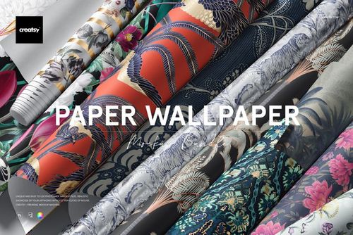 Colorful paper wallpaper mockup featuring multiple rolls with intricate designs, shown from a top perspective.