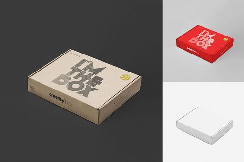 Mailing box mockup set showing three boxes in kraft, red, and white, each with distinct designs and a rectangular shape.