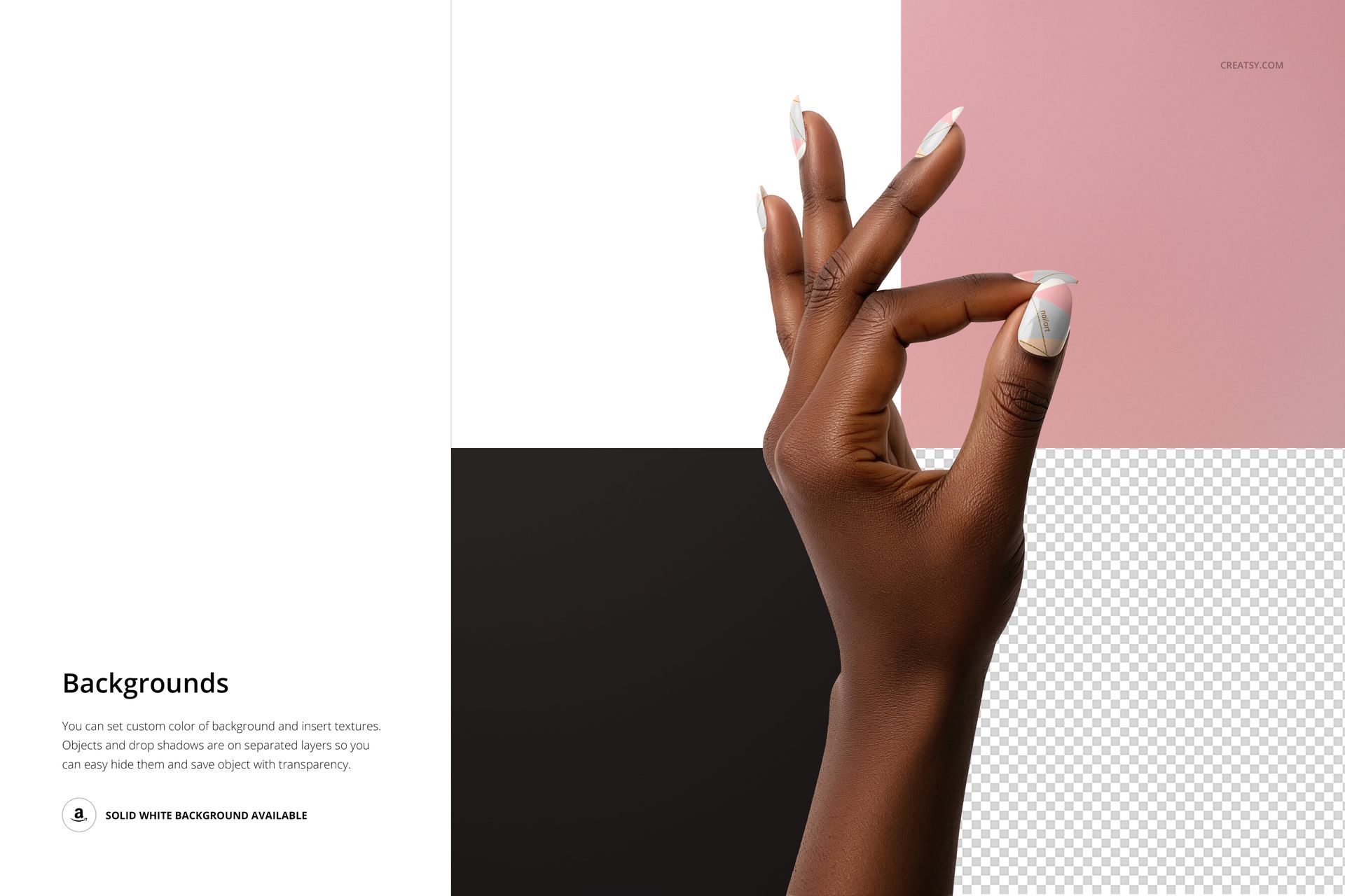 PSD mockup of a hand displaying nail art, positioned in front of white, blush pink, and black color blocks.
