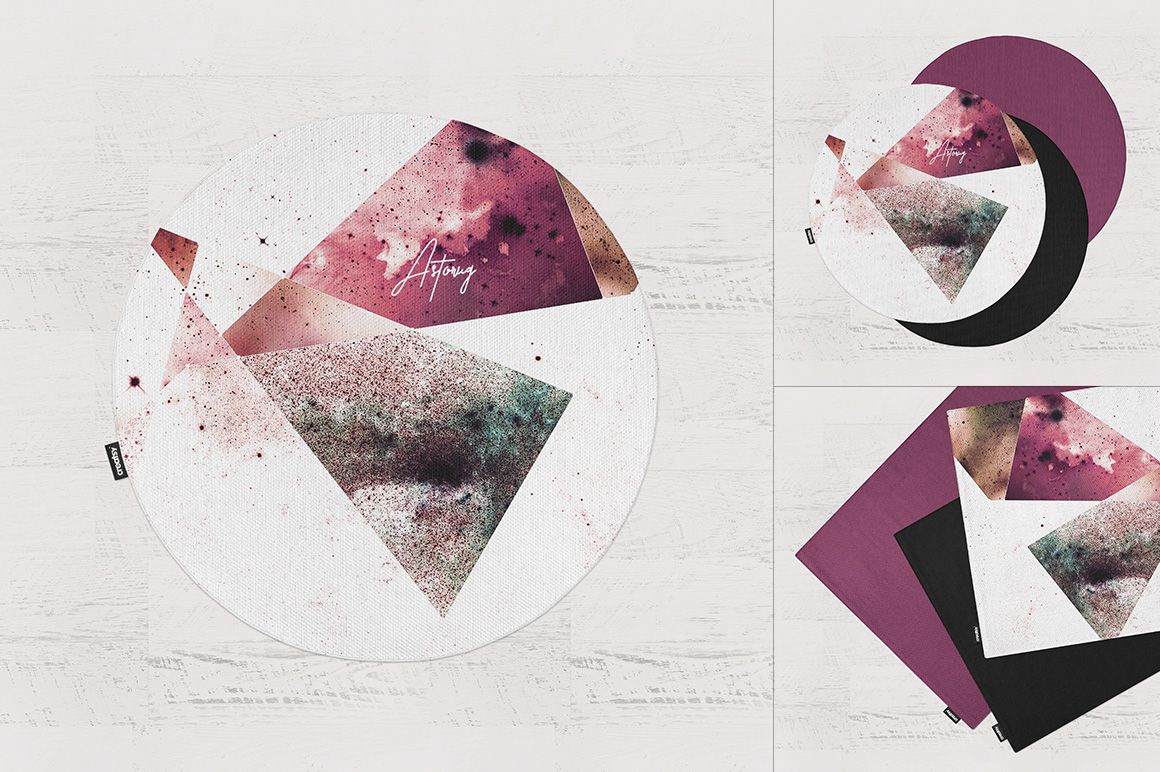 Dobby rug mockup set showing circular rugs with artistic splatter and geometric patterns on a white wood background.