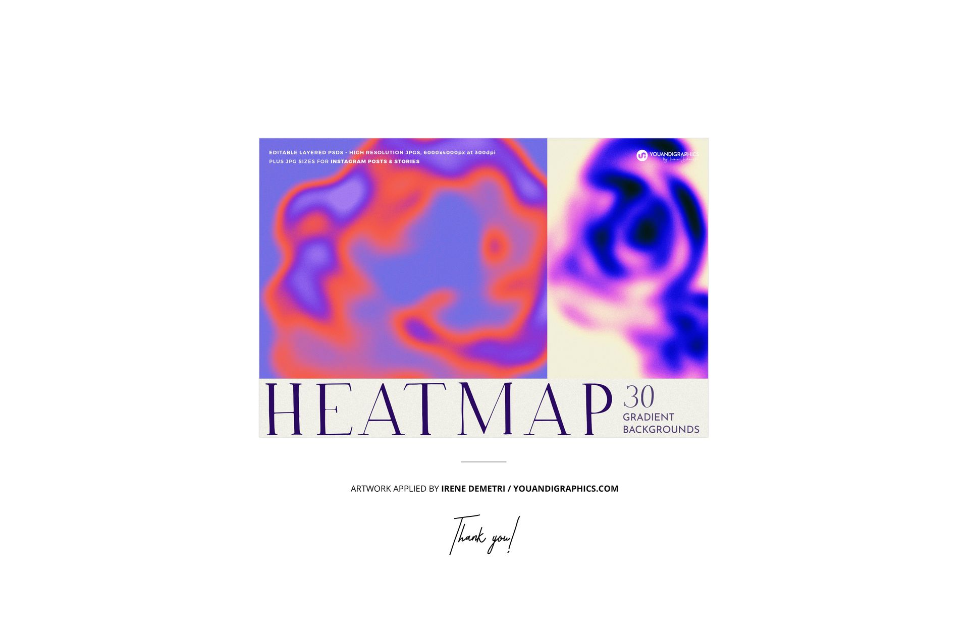 Rectangular mockup image featuring abstract heatmap-style gradient backgrounds in purple, pink, and orange tones.