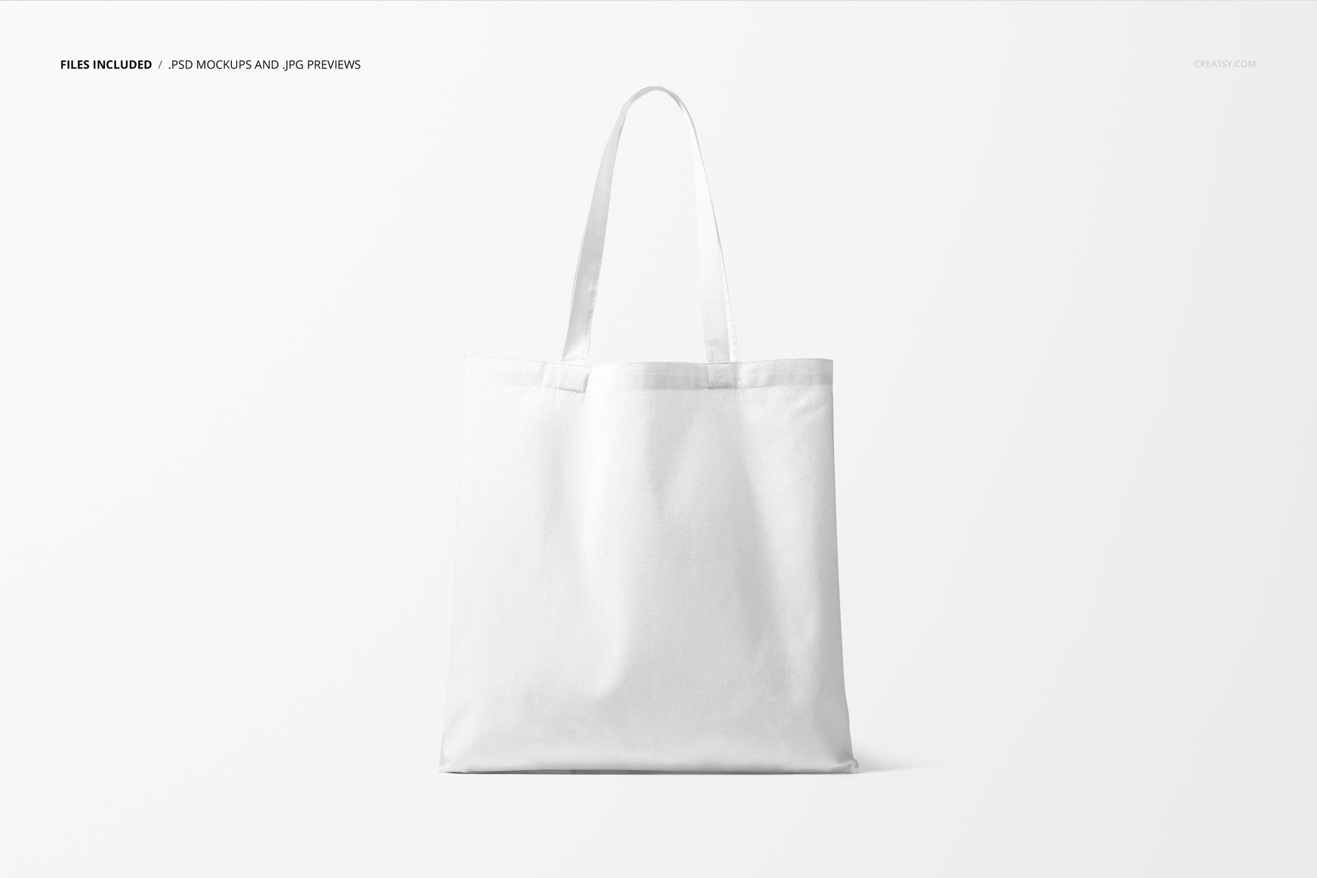 Front view of a plain white tote bag with long handles displayed on a clean white background, mockup style.
