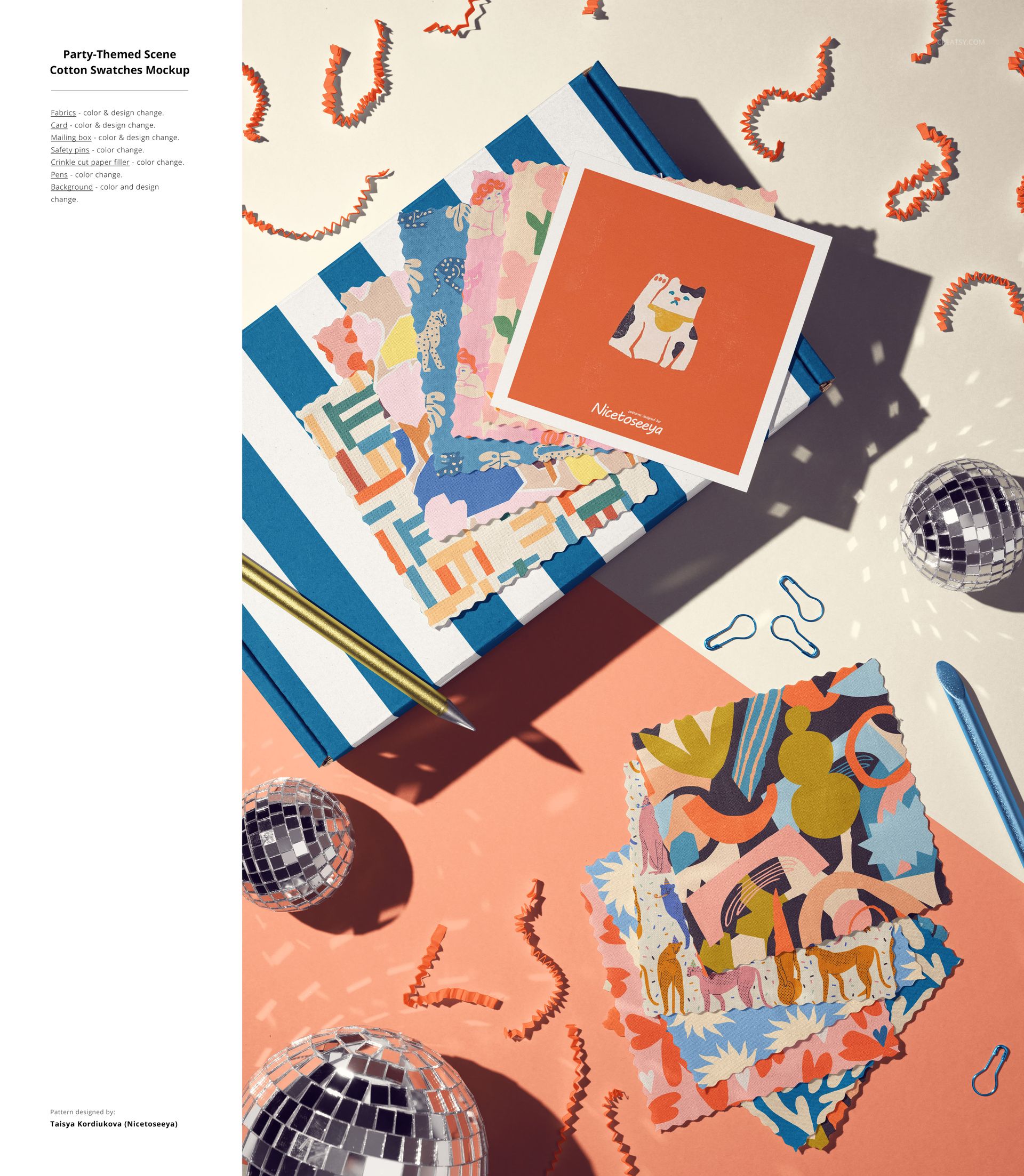 Party-themed cotton fabric mockup scene with stacked patterned fabric samples, confetti, disco balls, and a greeting card.